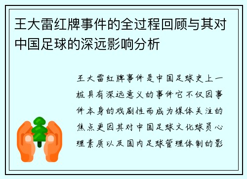 王大雷红牌事件的全过程回顾与其对中国足球的深远影响分析